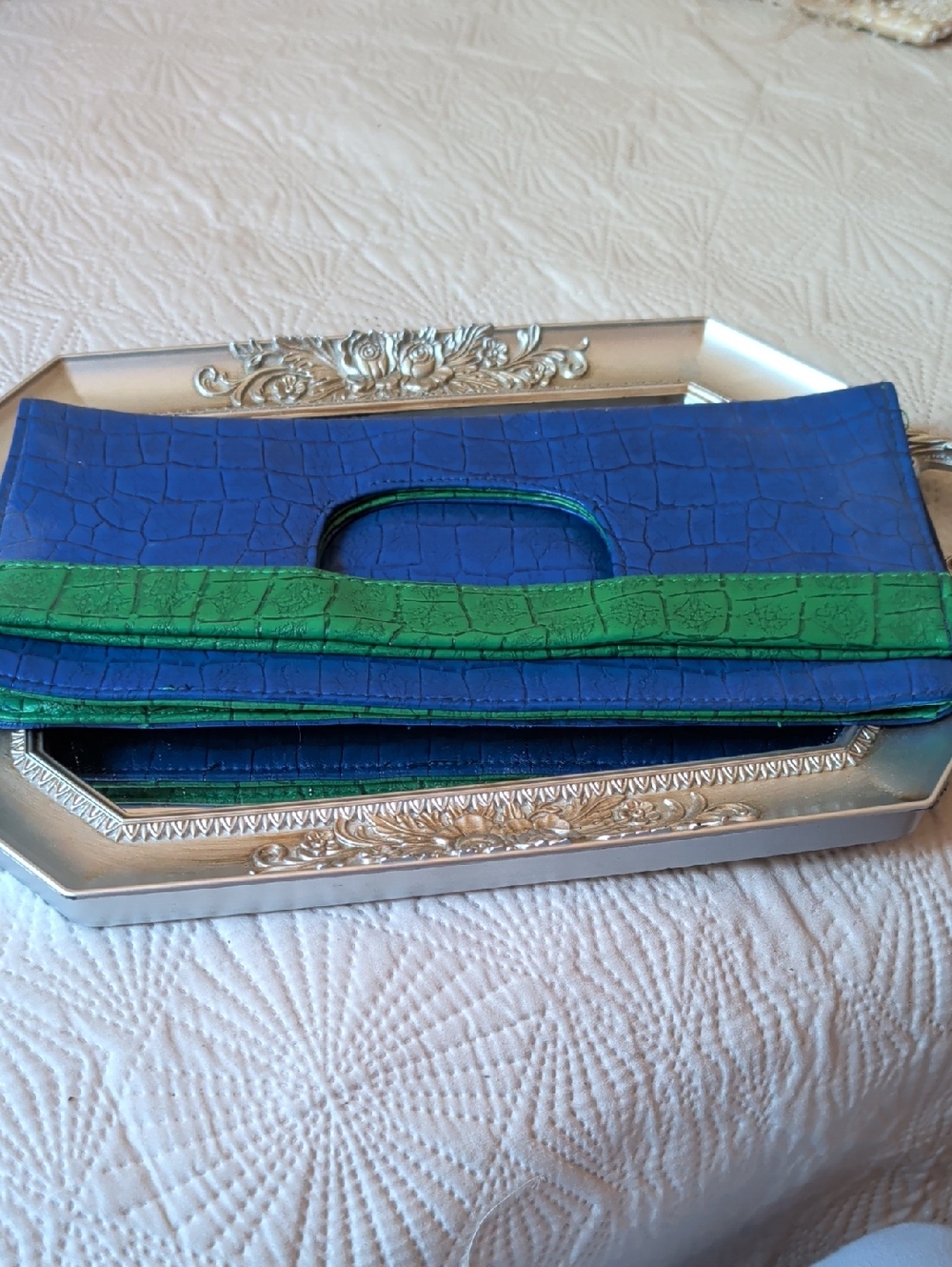 Croc-Embossed Blue Foldover Clutch with Green Accent